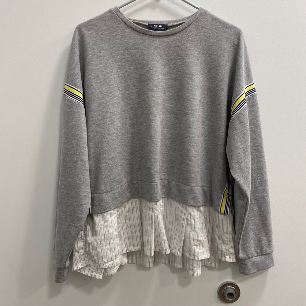 Maeve Anthropologie W 3/4 Sleeve Medium Gray Pinstripe Pleated Side Stripe Top